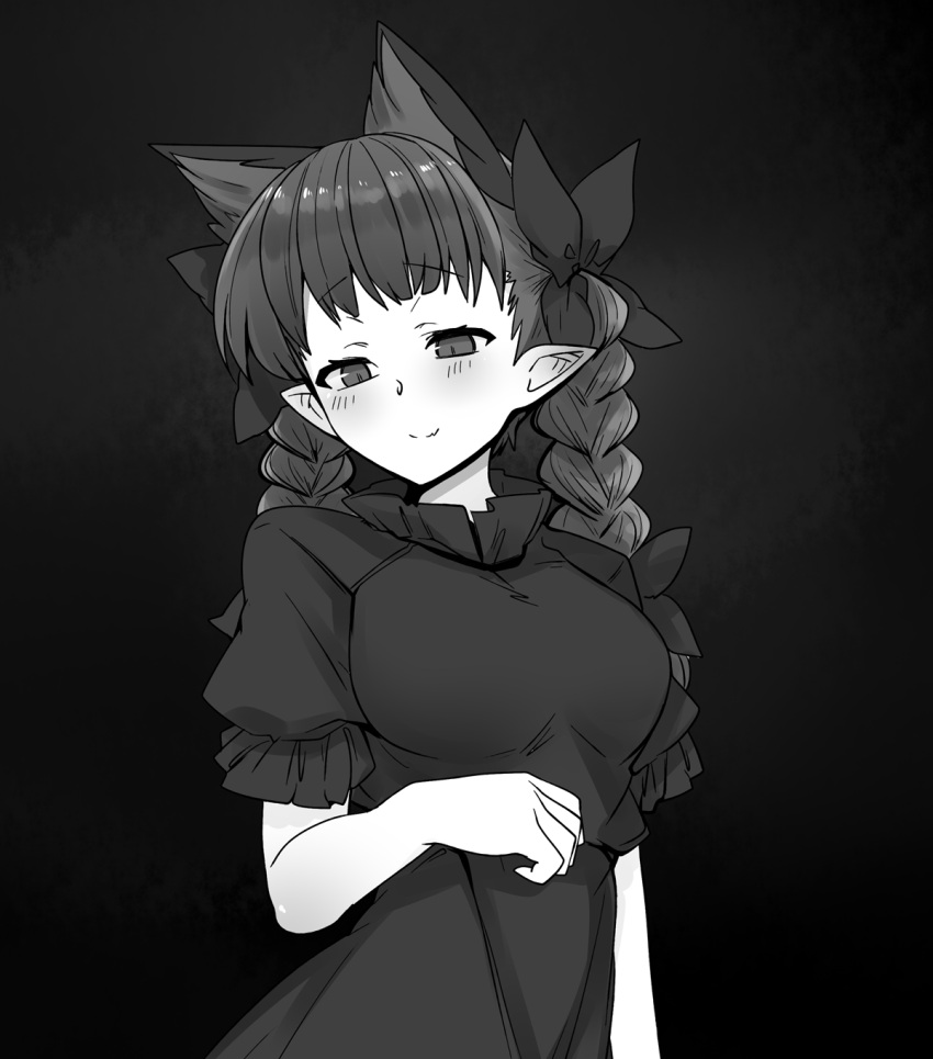 1girl animal_ears arm_under_breasts blush bow braid breasts cat_ears closed_mouth commentary dark_background dated_commentary dress extra_ears fang fang_out frills gradient_background greyscale hair_bow hair_ribbon highres kaenbyou_rin medium_breasts mizuga monochrome pointy_ears puffy_short_sleeves puffy_sleeves ribbon short_sleeves simple_background skin_fang smile solo touhou tress_ribbon twin_braids upper_body