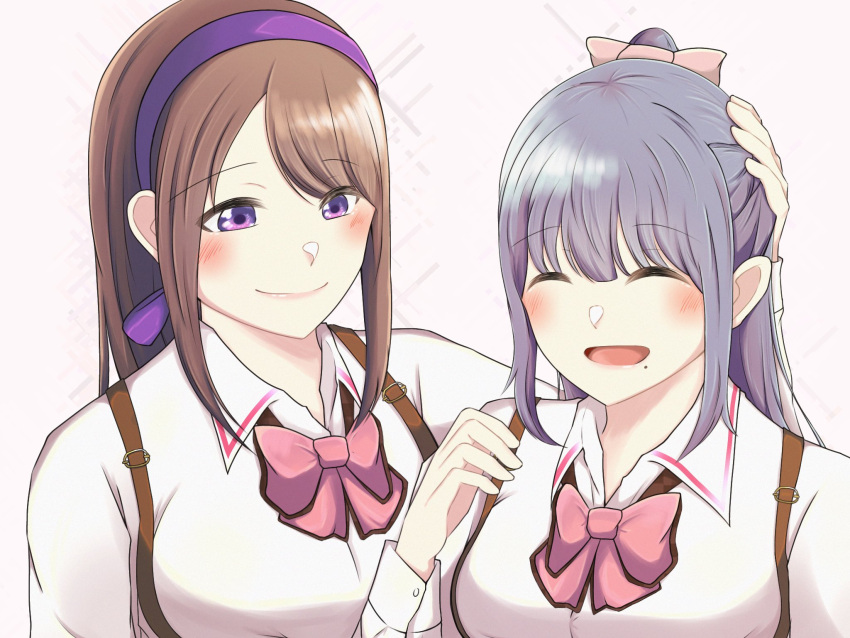 2girls ^_^ arm_at_side arm_up assault_lily blush bow bowtie braid breasts brown_hair closed_eyes closed_mouth collared_shirt commentary french_braid fukuyama_jeanne_sachie grey_hair hair_bow hair_ribbon hairband half_updo hand_on_another's_head hand_up highres kishimoto_maria_mirai long_sleeves looking_at_another ludvico_private_girls'_academy_school_uniform medium_breasts mimura_(eh_mi0) mole mole_under_mouth multiple_girls open_mouth pink_background pink_bow pink_bowtie purple_hairband purple_ribbon ribbon school_uniform shirt side-by-side sidelocks simple_background smile suspenders swept_bangs upper_body violet_eyes white_shirt