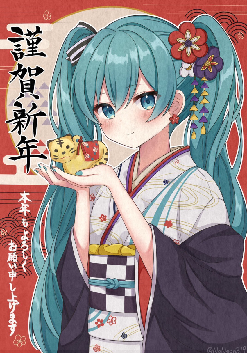 1girl blue_eyes blue_hair blue_nails blush checkered_sash closed_mouth dot_nose earrings egasumi faux_traditional_media flower flower_earrings hair_between_eyes hair_flower hair_ornament hair_ribbon hatsune_miku highres holding japanese_clothes jewelry kanzashi kimono long_hair long_sleeves looking_at_viewer nail_polish nengajou new_year noneon319 obi open_hands own_hands_together raised_eyebrows red_background ribbon sash seigaiha sidelocks signature smile solo striped striped_ribbon tiger translation_request twintails upper_body uroko_(pattern) vocaloid white_kimono wide_sleeves