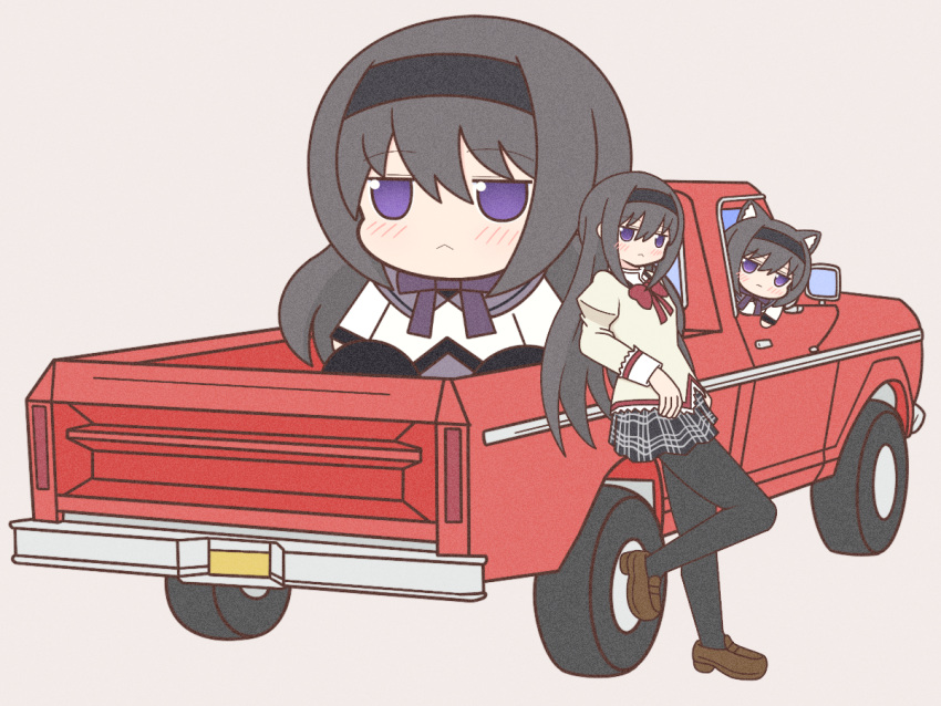 2girls akemi_homura animal_ears black_hair black_pantyhose black_skirt blush bow cat_ears cat_girl chibi closed_mouth hairband long_sleeves looking_at_viewer mahou_shoujo_madoka_magica motor_vehicle multiple_girls pantyhose red_bow skirt truck violet_eyes yuno385