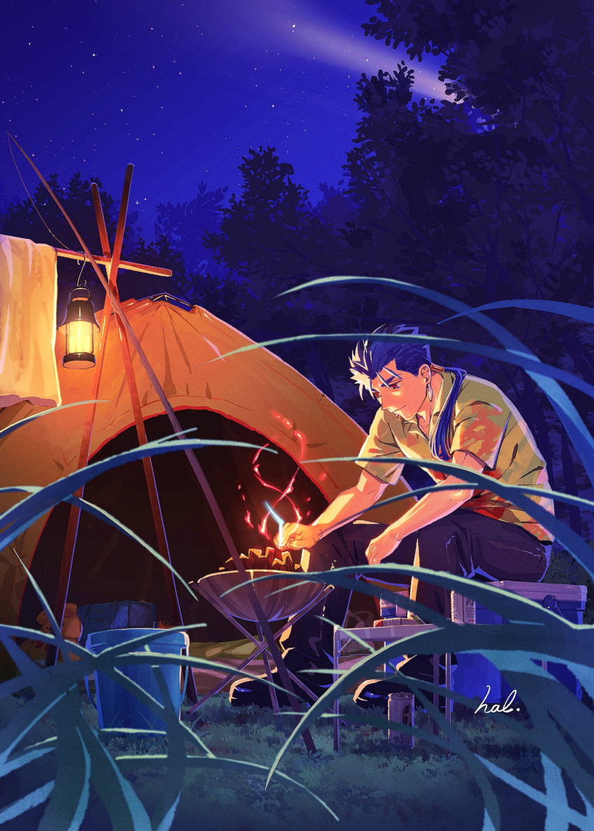 1boy alcohol beads beer blue_hair bucket buttons campfire camping closed_mouth collared_shirt cooler cu_chulainn_(fate) cu_chulainn_(fate/stay_night) dark_blue_hair earrings fate/stay_night fate_(series) fishing_rod hair_beads hair_ornament hal_(haaaalhal) highres jewelry lantern long_hair male_focus night night_sky official_alternate_costume outdoors pants ponytail red_eyes shirt short_sleeves sitting sky smile solo spiky_hair star_(sky) starry_sky tent
