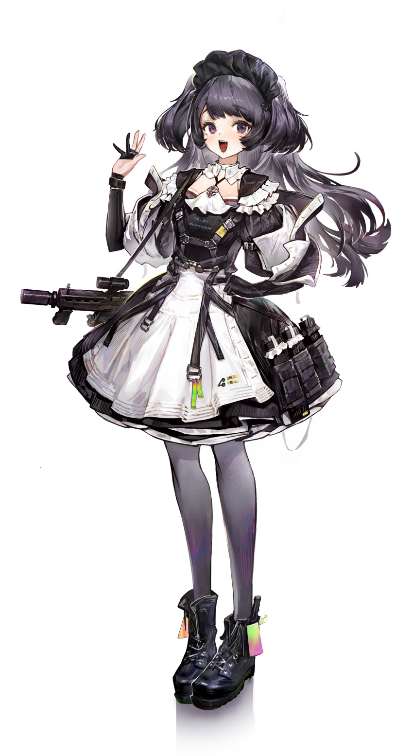 1girl absurdres agoto apron black_footwear black_hair boots dress frilled_dress frills full_body gun highres long_hair looking_at_viewer maid maid_day maid_headdress open_mouth original pantyhose shoes simple_background solo two_side_up very_long_hair violet_eyes waist_apron weapon white_background