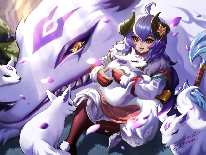 1girl :d absurdres ahoge animal black_pantyhose curled_horns dated flower hair_between_eyes hair_flower hair_ornament highres holding holding_animal horns jacket kindred_(league_of_legends) lamb_(league_of_legends) league_of_legends long_hair long_sleeves looking_at_animal looking_at_another official_alternate_costume official_alternate_hairstyle orange_eyes pants pantyhose purple_hair sharp_teeth signature smile spirit_blossom_(league_of_legends) spirit_blossom_kindred teeth tiger_june upper_teeth_only white_jacket white_pants wolf wolf_(league_of_legends)