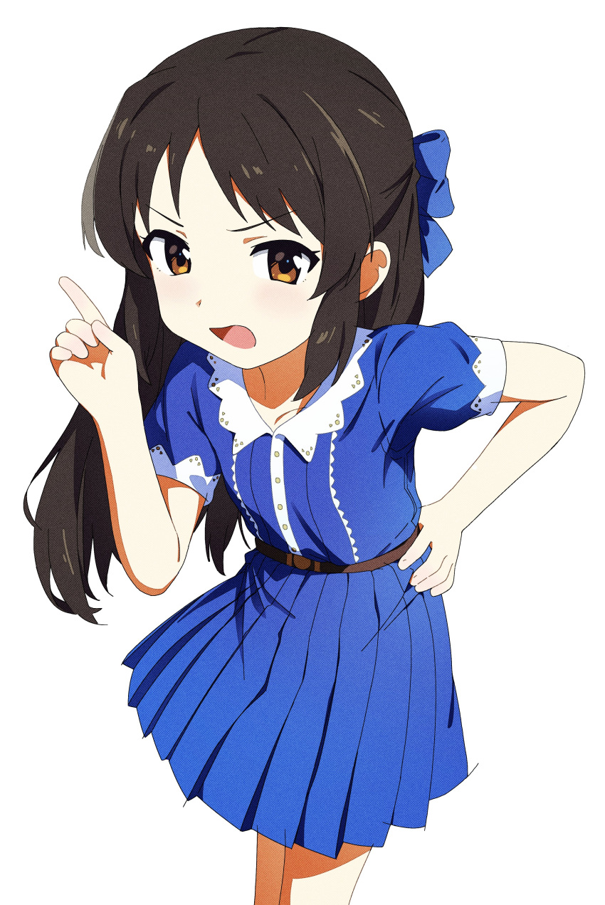 1girl absurdres belt blue_bow blue_dress bow brown_belt brown_eyes brown_hair buttons collar commentary cowboy_shot dress female_child flat_chest hair_bow hand_on_own_hip hand_up highres idolmaster idolmaster_cinderella_girls idolmaster_cinderella_girls_u149 index_finger_raised jiryu50610218 light_blush long_hair looking_at_viewer open_mouth pleated_skirt short_sleeves sidelocks skirt solo tachibana_arisu v-shaped_eyebrows white_background white_collar