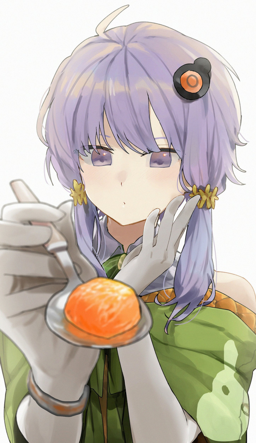 1girl absurdres ahoge bare_shoulders blurry bracelet collared_shirt crow_(crow_crowd24) depth_of_field dot_mouth elbow_gloves flower food fruit gloves green_shawl hair_flower hair_ornament hand_on_own_cheek hand_on_own_face highres holding holding_spoon incoming_food jewelry light_blush looking_at_viewer melon official_alternate_costume outstretched_hand purple_hair shirt short_hair_with_long_locks simple_background sleeveless sleeveless_shirt solo spoon straight-on violet_eyes voiceroid white_background white_gloves white_shirt yellow_flower yuzuki_yukari