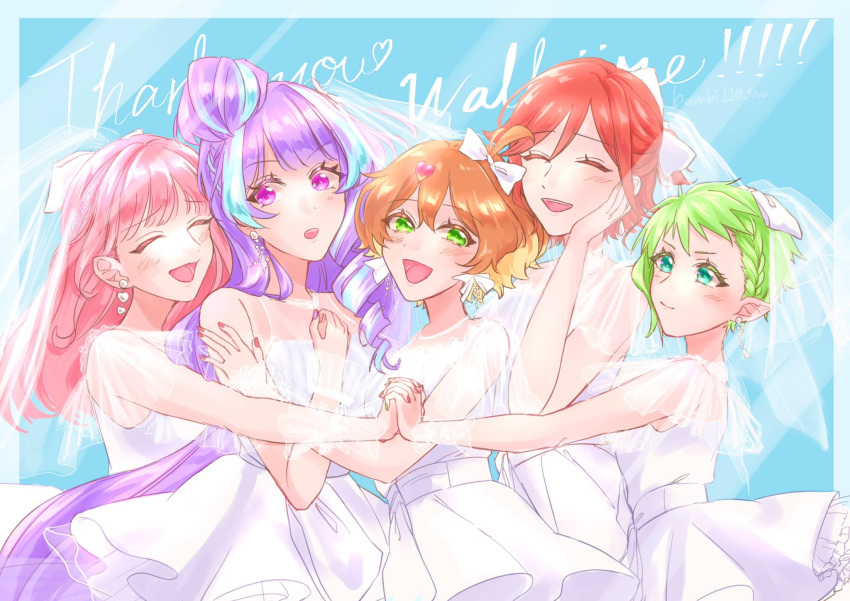 5girls ^_^ anno_(bambi1103no) aqua_eyes blush bow bow_earrings braid closed_eyes earrings freyja_wion green_eyes group_hug hair_behind_ear hair_bow hair_bun hair_ornament hand_on_another's_arm hand_on_own_cheek hand_on_own_chest hand_on_own_face heart heart_earrings heart_hair_ornament highres holding_hands hug jewelry kaname_buccaneer long_hair looking_at_viewer macross macross_delta makina_nakajima mikumo_guynemer multiple_girls pointy_ears reina_prowler short_hair side_braid single_hair_bun smile surprised veil very_long_hair violet_eyes walkure_(macross_delta) white_bow