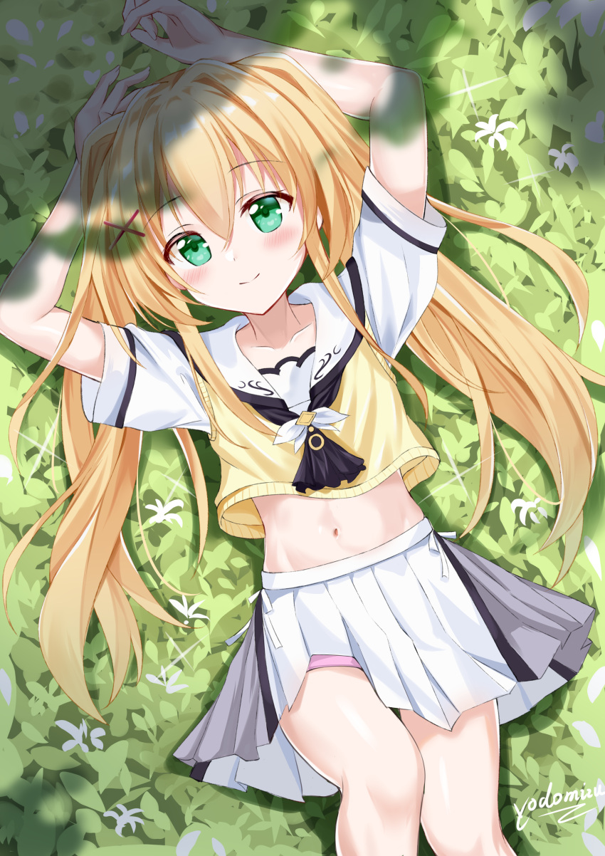 1girl absurdres arms_up blonde_hair blush closed_mouth collar collarbone commentary cowboy_shot crossed_bangs dappled_sunlight day eyelashes from_above grass green_eyes grey_shirt hair_between_eyes hair_intakes hair_ornament hair_spread_out highres key_(company) long_hair looking_at_viewer lying miniskirt navel on_back on_grass outdoors panties panty_peek pink_panties pleated_skirt school_uniform shiny_skin shirt short_sleeves sidelocks signature skirt smile solo sparkle stomach summer_pockets sunlight sweater_vest tsumugi_wenders twintails two-tone_shirt underwear very_long_hair white_collar white_shirt white_skirt x_hair_ornament yellow_sweater_vest yondomizu
