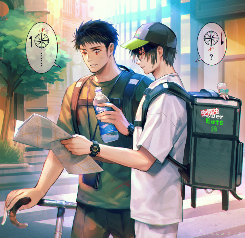 2boys backpack bag black_hair black_pants bottle building city compass_rose dokuga dorohedoro eye_tattoo food_delivery_box green_headwear green_shirt highres holding holding_bottle holding_map male_focus map multiple_boys panco pants shirt short_sleeves sweatdrop tetsujo tree uber_eats upper_body water_bottle white_pants white_shirt