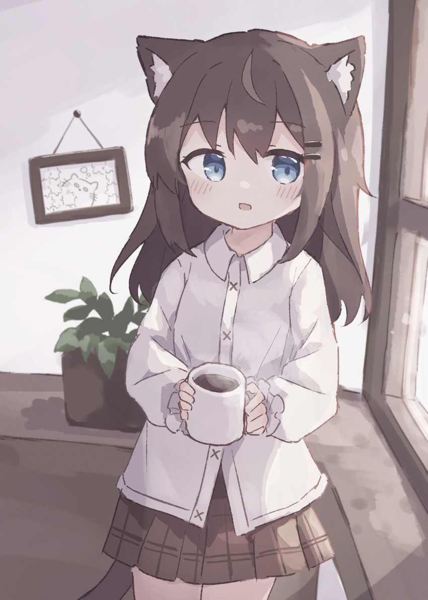 1girl absurdres animal_ears blue_eyes blush brown_hair brown_skirt carpet cat_ears cat_girl cat_tail coffee coffee_mug collared_shirt colon_br cowboy_shot cup drink dutch_angle hair_between_eyes hair_ornament hairclip highres holding holding_cup indoors legs_together long_hair long_sleeves looking_at_viewer miniskirt mug open_mouth original own_hands_together picture_(object) picture_frame plant pleated_skirt potted_plant shirt sidelocks skirt smile solo tail white_shirt window
