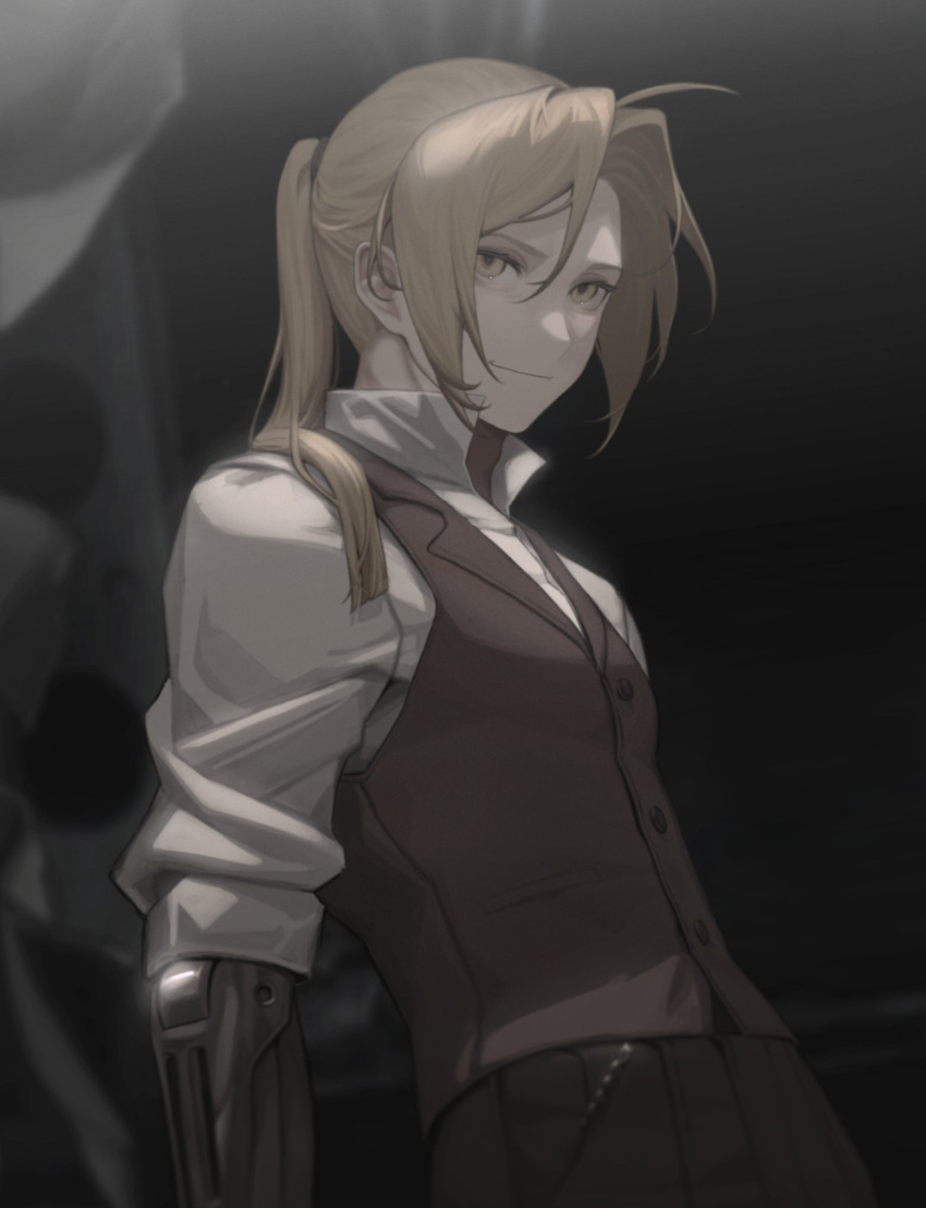 blonde_hair cbow closed_mouth collared_shirt dark edward_elric fullmetal_alchemist highres light_smile mechanical_arms muted_color ponytail shirt single_mechanical_arm sweater_vest upper_body white_shirt yellow_eyes