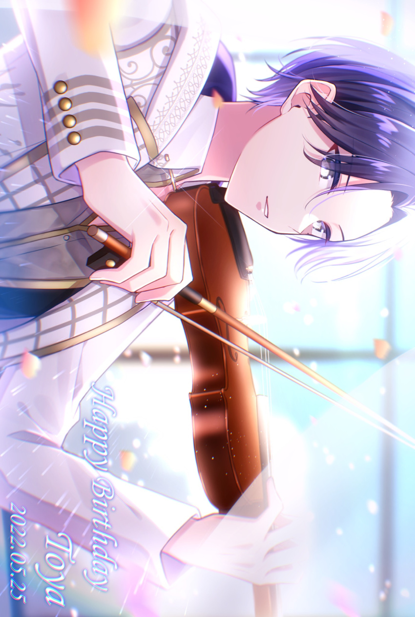 1boy aoyagi_touya blue_hair bow_(music) character_name collared_shirt commentary_request dark_blue_hair dated grey_eyes happy_birthday highres holding holding_bow_(music) holding_instrument instrument long_sleeves multicolored_hair official_alternate_costume parted_lips period_of_nocturne_(project_sekai) project_sekai shirt solo split-color_hair teneko02 two-tone_hair upper_body