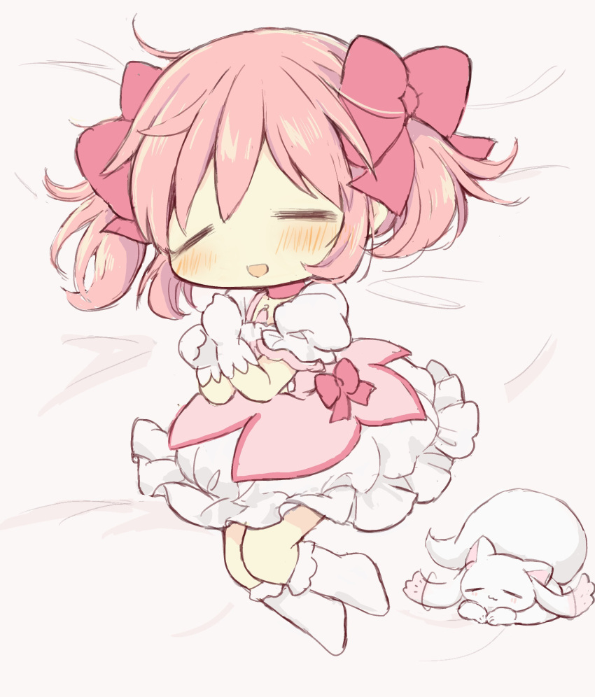 1girl absurdres bow closed_eyes commentary_request full_body gloves hair_bow highres hitode kaname_madoka kyubey magical_girl mahou_shoujo_madoka_magica pink_bow pink_hair short_hair short_sleeves short_twintails sleeping twintails white_gloves