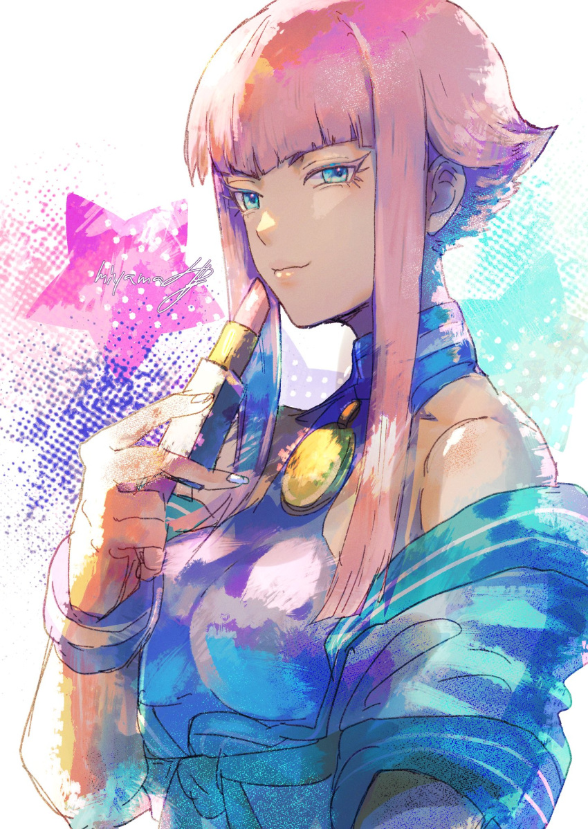 1girl artist_name bare_shoulders brooch cosmetics highres holding holding_lipstick_tube jewelry lipstick_tube looking_at_viewer manon_(street_fighter) miyama_(lacrima01) pink_eyes pink_hair pink_lipstick_tube short_hair_with_long_locks sidelocks solo star_(symbol) street_fighter street_fighter_6 upper_body wristband