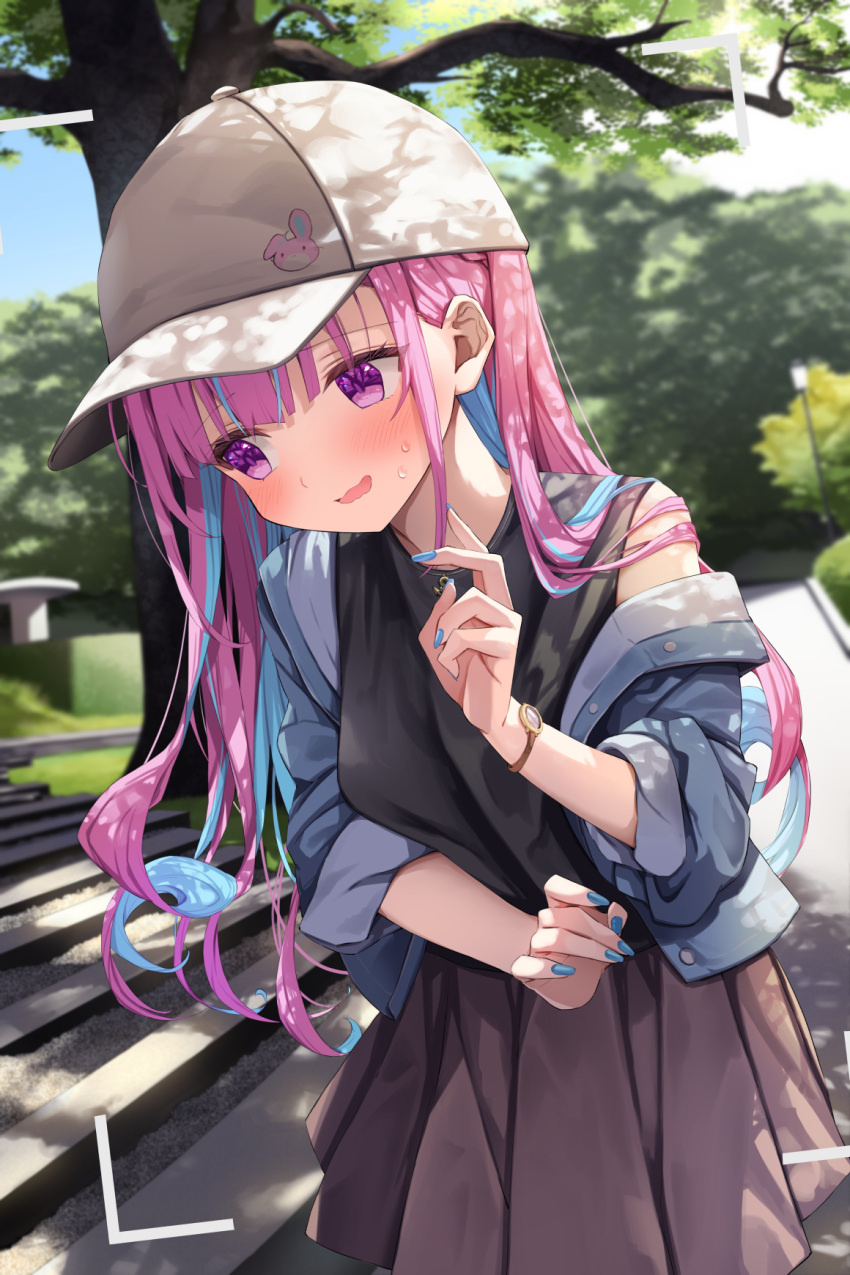 1girl alternate_costume baseball_cap black_shirt blue_hair blue_jacket blue_nails blurry blurry_background blush colored_inner_hair commentary_request day hand_up hat highres hololive jacket long_hair minato_aqua multicolored_hair off_shoulder open_mouth outdoors pink_hair pleated_skirt shirt skirt solo streaked_hair summer_tail720 sweatdrop two-tone_hair viewfinder violet_eyes virtual_youtuber watch watch white_headwear