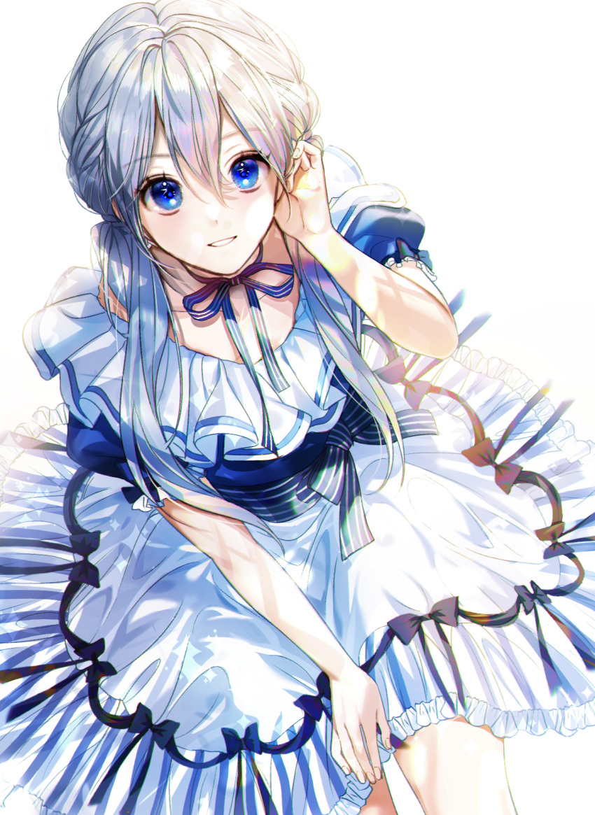 1girl blue_eyes blue_ribbon blush bow collarbone dot_nose dutch_angle frilled_skirt frills full_body grey_hair hair_between_eyes hand_in_own_hair hand_on_own_leg highres leaning_forward long_hair looking_at_viewer ma_yoyo neck_ribbon original parted_lips puffy_short_sleeves puffy_sleeves raised_eyebrows ribbon sash short_sleeves sidelocks simple_background skirt smile solo striped striped_bow striped_skirt teeth waist_bow white_background white_skirt