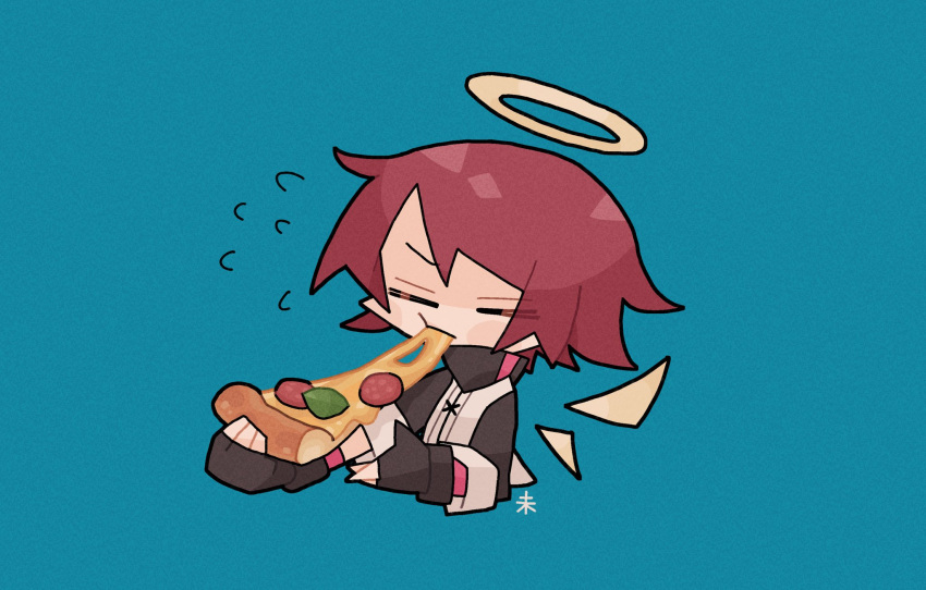 1girl =_= arknights black_gloves black_jacket blue_bow blush_stickers bow cheese_trail chibi closed_eyes commentary eating energy_wings exusiai_(arknights) flipped_hair food gloves halo high_collar highres holding holding_food holding_pizza jacket kdmr0402 multicolored_clothes multicolored_jacket pizza pizza_slice redhead short_hair signature simple_background solo swept_bangs symbol-only_commentary two-tone_jacket upper_body white_jacket wings