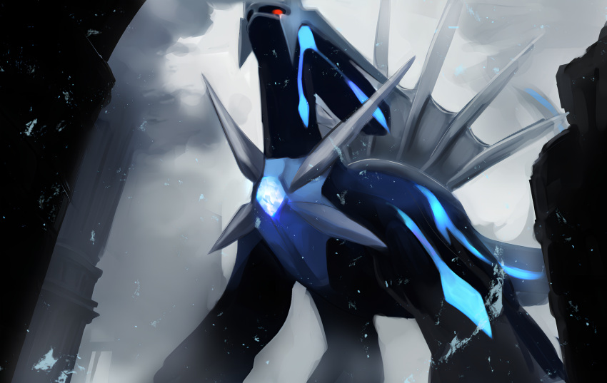 black_sclera closed_mouth clouds cloudy_sky colored_sclera commentary_request dialga from_below highres no_humans outdoors pokemon pokemon_(creature) red_eyes sky solo spikes standing yeong