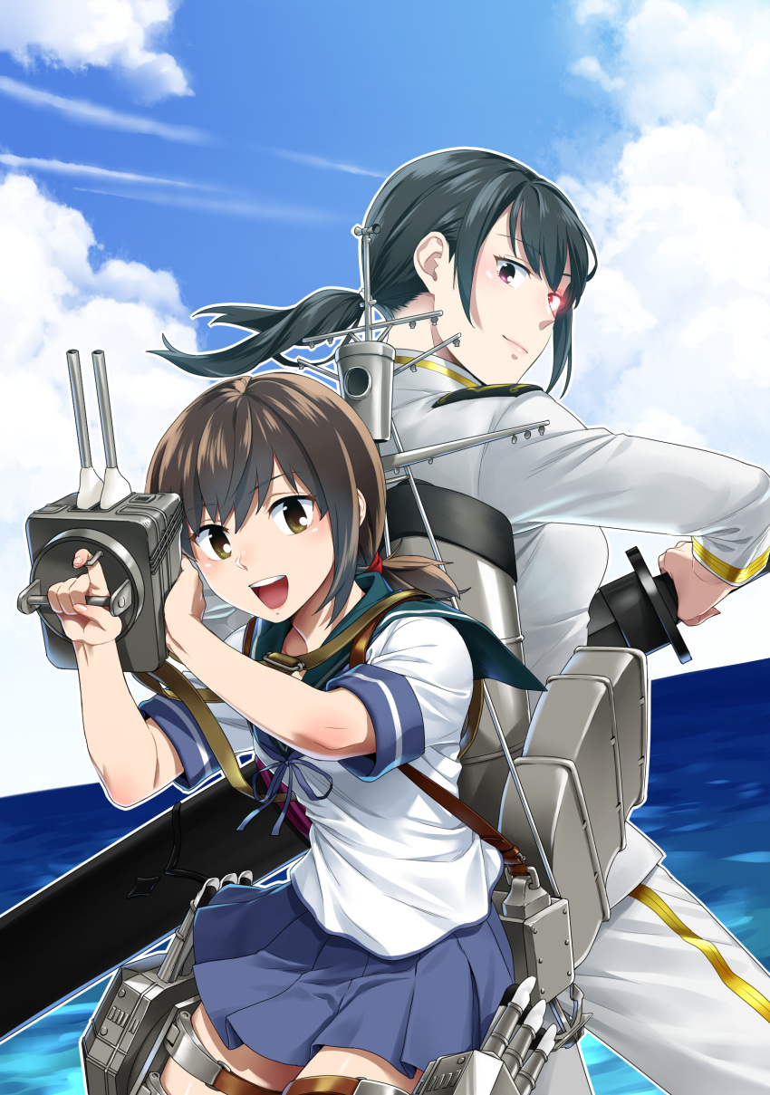 2girls absurdres black_hair brown_eyes brown_hair clouds cloudy_sky female_admiral_(kancolle) fubuki_(kancolle) highres holding holding_sword holding_weapon kana_haruki kantai_collection machinery military military_uniform multiple_girls nakama_saori naval_uniform ocean ponytail school_uniform short_hair sky smokestack sword torpedo torpedo_tubes uniform weapon