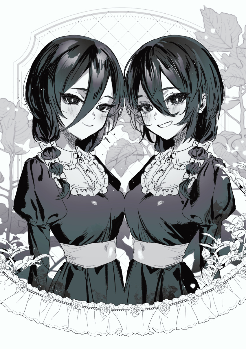 2girls black_dress blush bow breast_press breasts buttons collared_dress dress floral_background frilled_shirt_collar frills greyscale grin hair_between_eyes hair_bow highres juliet_sleeves long_hair long_sleeves looking_at_viewer medium_breasts monochrome multiple_girls multiple_hair_bows nikubou_maranoshin open_mouth original puffy_sleeves smile symmetrical_docking upper_body white_background
