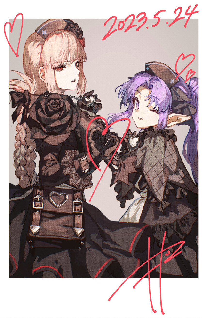 2girls black_dress black_gloves black_lips braid breasts dated dress fate/grand_order fate_(series) florence_nightingale_(fate) florence_nightingale_(manor_of_repose)_(fate) gloves hat heart heart_hands heart_hands_duo highres large_breasts long_hair makitoshi0316 medea_(lily)_(fate) medea_(lily)_(manor_of_repose)_(fate) multiple_girls nurse_cap pink_hair pointy_ears ponytail purple_hair red_eyes violet_eyes