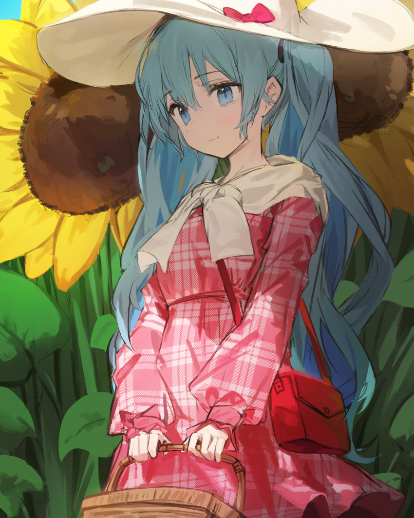 1girl absurdres bag basket blue_eyes blue_hair bow closed_mouth cowboy_shot dress flower handbag hat hat_bow hatsune_miku highres holding holding_basket light_blue_hair long_hair long_sleeves looking_at_viewer mihoranran outdoors pink_bow pink_dress plaid plaid_dress puffy_long_sleeves puffy_sleeves red_bag scarf solo standing sun_hat sunflower twintails vocaloid white_headwear white_scarf