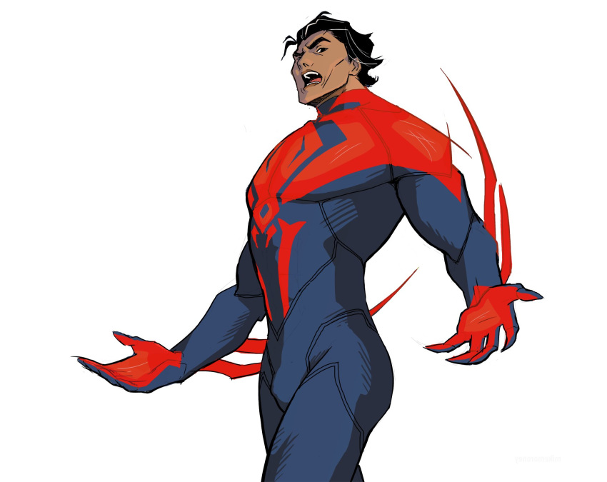 1boy animal_print arm_blade black_hair blue_bodysuit bodysuit claws dark-skinned_male dark_skin fangs hair_slicked_back highres large_pectorals marvel miguel_o'hara mike_t_moroney muscular muscular_male pectorals print_bodysuit red_bodysuit solo spider-man:_across_the_spider-verse spider-man_(2099) spider-man_(series) spider_print two-tone_bodysuit weapon