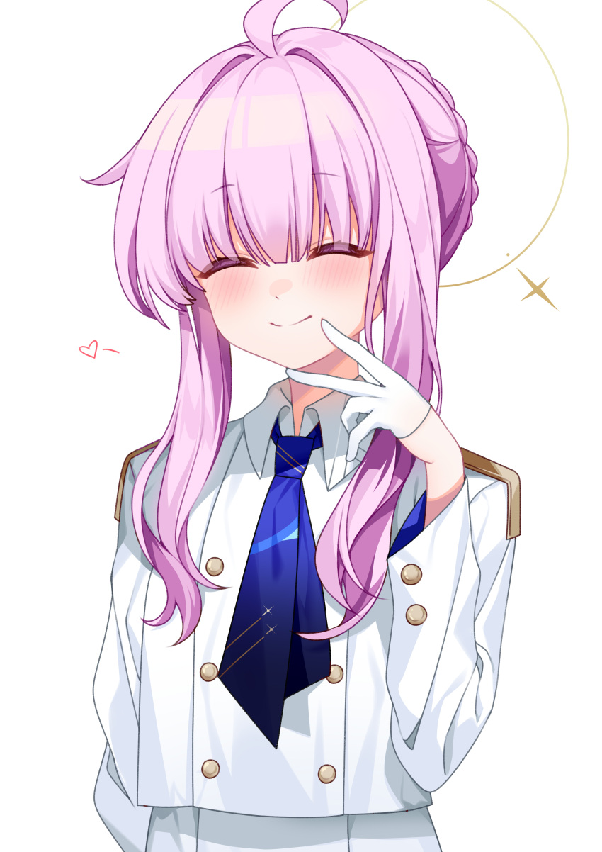 1girl ^_^ absurdres ahoge blue_archive blue_necktie blunt_bangs blush braid closed_eyes closed_mouth collared_shirt commentary_request gloves half_gloves halo hayama_salt highres kaya_(blue_archive) long_sleeves necktie shirt simple_background smile solo white_background white_gloves white_shirt