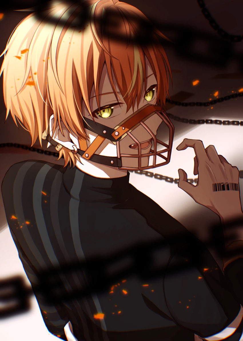 1boy barcode barcode_tattoo blonde_hair chain commentary earrings english_commentary green_eyes highres jewelry kick_it_up_a_notch_(project_sekai) looking_at_viewer male_focus multicolored_hair muzzle official_alternate_costume open_mouth orange_hair project_sekai shinonome_akito short_hair solo streaked_hair striped tattoo teeth teneko02 upper_body vertical_stripes