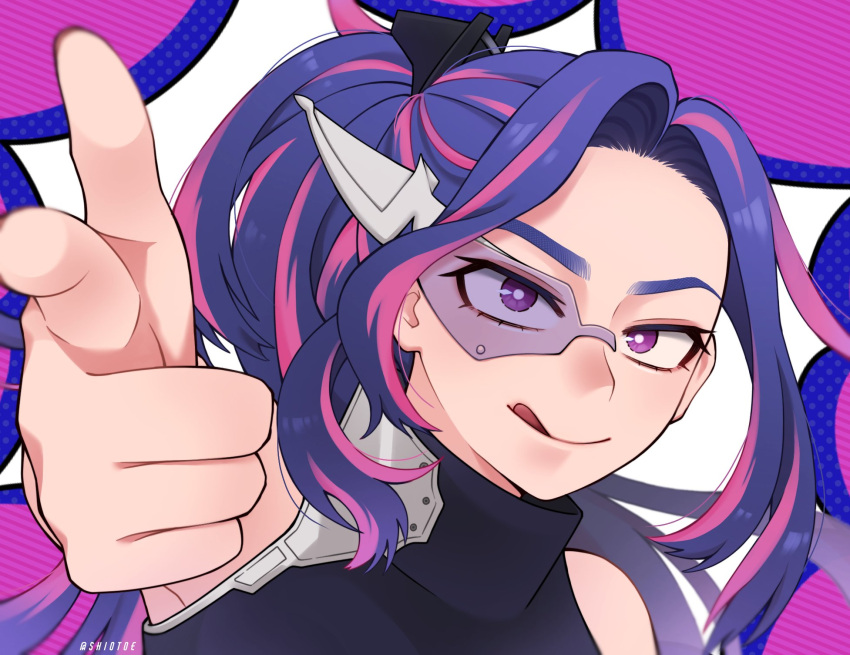 1girl aiming armpits bare_shoulders boku_no_hero_academia finger_gun glasses highres lady_nagant long_hair looking_at_viewer multicolored_background pointing ponytail purple_background purple_hair shio_to_no_soko solo tongue tongue_out twitter_username violet_eyes