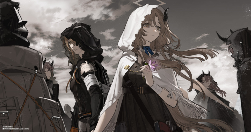 1boy 1girl 5others arknights bandaged_arm bandages black_dress blue_ribbon brown_eyes brown_hair cape closed_mouth clouds day dress empty_eyes five-fall flower fringe_trim hair_over_one_eye halo highres holding holding_flower hood hooded_cape horns long_hair looking_to_the_side multiple_others neck_ribbon outdoors parted_lips people pink_flower ribbon v-shaped_eyebrows white_cape