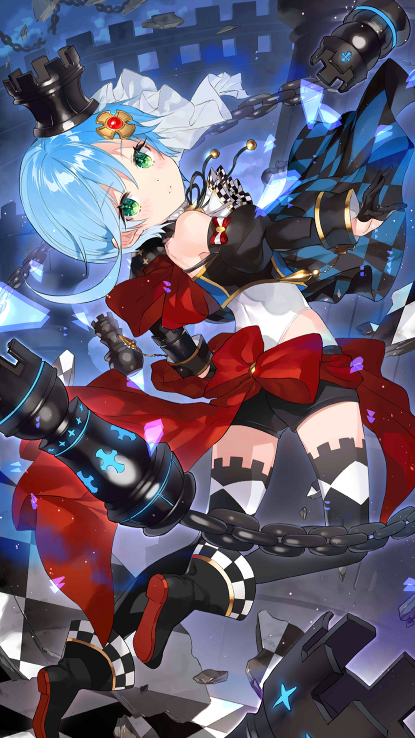 1girl ankle_boots back_bow bare_shoulders black_footwear black_gloves black_shorts black_sleeves black_thighhighs blue_hair blush boots bow chain chess_piece chessboard cornelia_(girl_cafe_gun) cross_hair_ornament crown dark_background detached_sleeves from_side full_body girl_cafe_gun gloves green_eyes hair_ornament half_gloves head_tilt highres jabot juliet_sleeves jumping lace-trimmed_legwear lace_trim legs_up long_sleeves looking_at_viewer looking_to_the_side mini_crown official_art parted_lips puffy_sleeves red_bow rook_(chess) shirt short_shorts shorts sleeveless sleeveless_shirt solo thigh-highs white_shirt white_veil