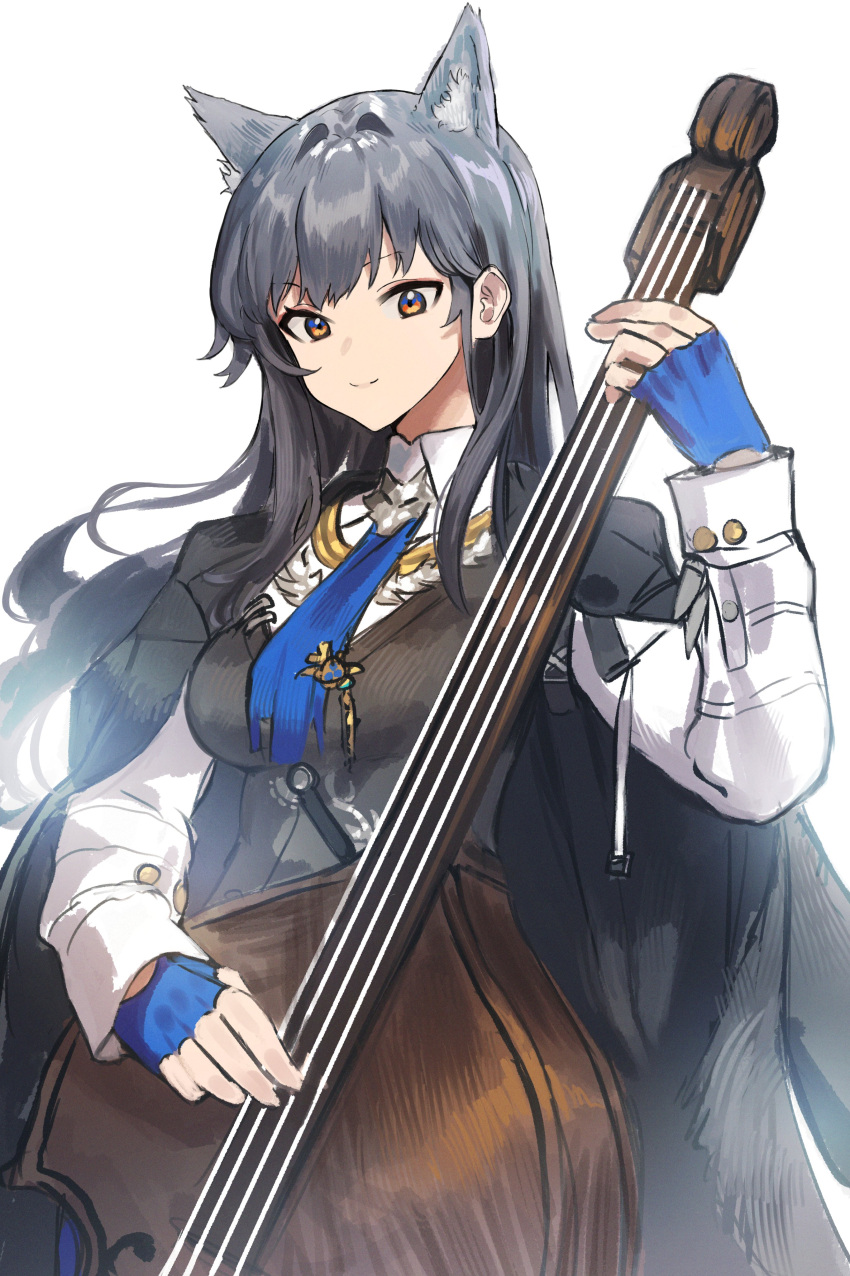 1girl absurdres adamosina animal_ear_fluff animal_ears arknights black_hair black_jacket black_vest blue_gloves breasts closed_mouth collared_shirt commentary double_bass english_commentary extra_ears fingerless_gloves gloves hand_up highres holding holding_instrument instrument jacket jacket_on_shoulders long_hair long_sleeves looking_at_viewer medium_breasts red_eyes shirt simple_background smile solo texas_(arknights) texas_the_omertosa_(arknights) very_long_hair vest white_background white_shirt wolf_ears wolf_girl