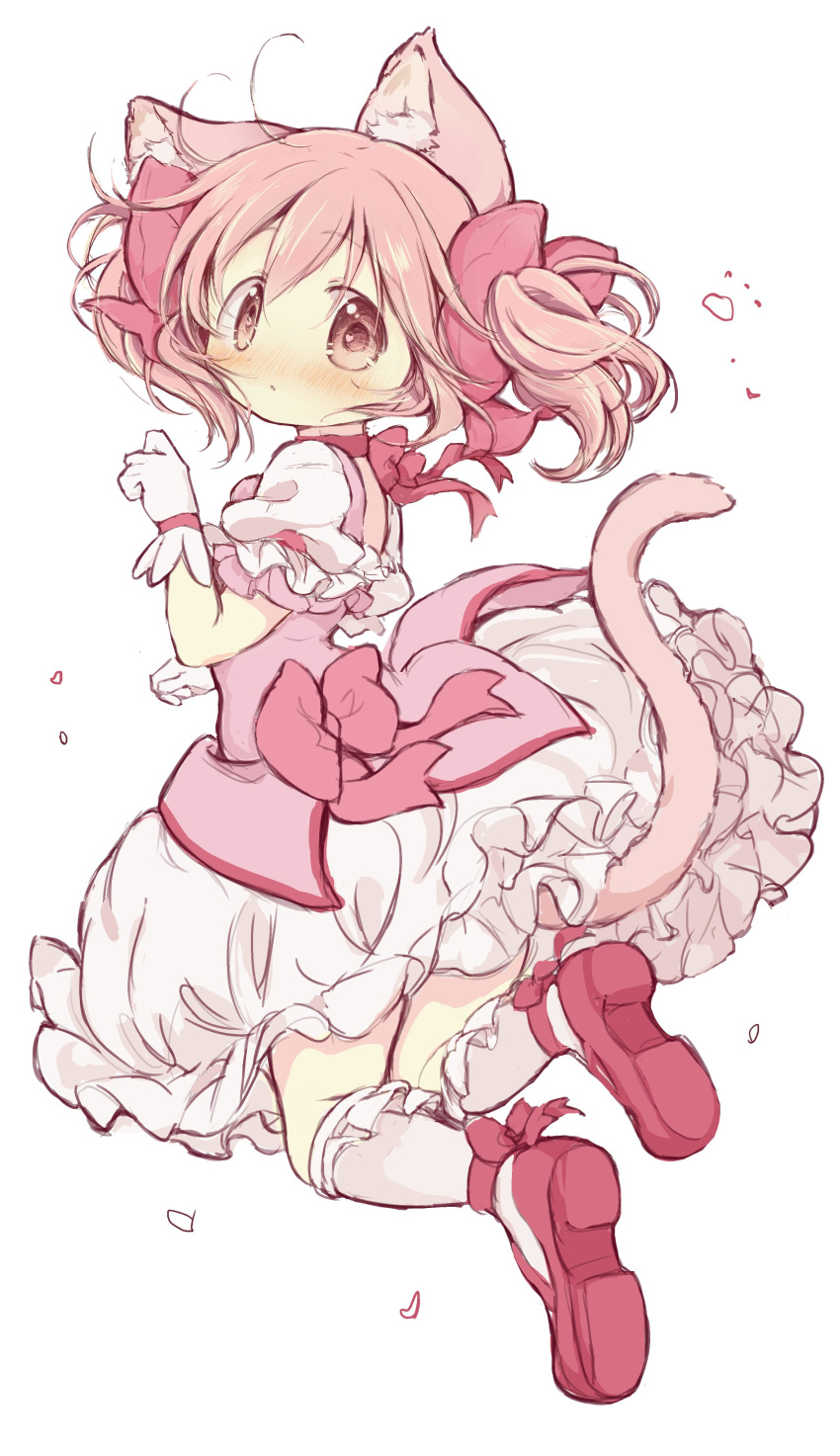 1girl absurdres animal_ears cat_ears cat_tail commentary full_body gloves highres hitode kaname_madoka looking_at_viewer mahou_shoujo_madoka_magica pink_eyes pink_footwear pink_hair short_hair short_sleeves short_twintails simple_background socks solo tail twintails white_background white_gloves white_socks