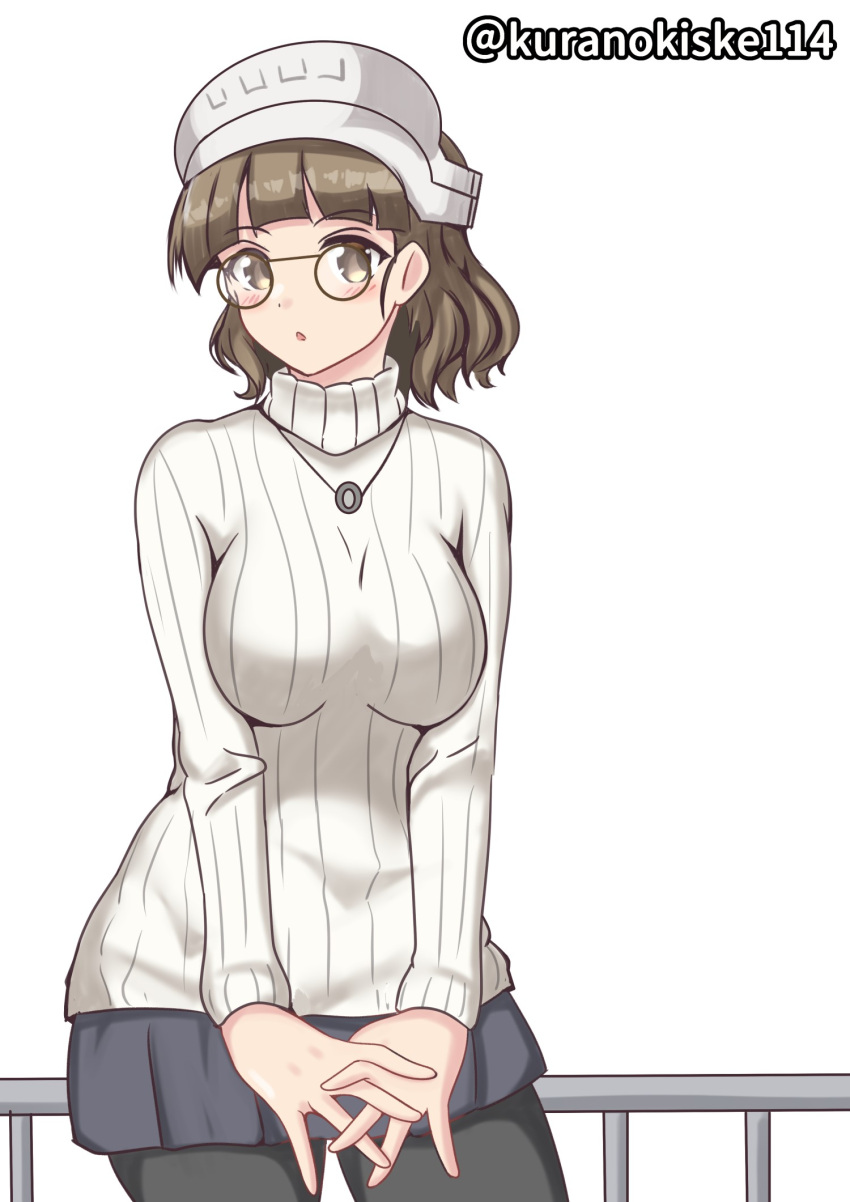 1girl black_pantyhose black_skirt blunt_bangs brown_eyes brown_hair glasses headdress highres kantai_collection kurano_kisuke official_alternate_costume one-hour_drawing_challenge pantyhose pince-nez pleated_skirt railing ribbed_sweater roma_(kancolle) simple_background skirt sweater twitter_username wavy_hair white_background white_sweater
