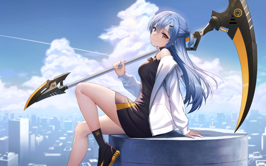 1girl black_footwear blue_hair blue_sky braid breasts cityscape closed_mouth clouds commission contrail day from_side holding holding_scythe holding_weapon jacket knee_up kneehighs long_hair long_sleeves looking_at_viewer looking_to_the_side medium_breasts off_shoulder one_side_up open_clothes open_jacket orange_eyes original outdoors scythe signature sion_(9117) sitting skeb_commission sky smile socks solo unzipped weapon white_jacket