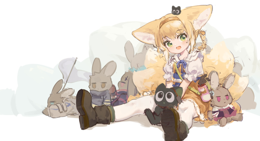 1girl alternate_costume arknights black_cat black_footwear blonde_hair blue_ribbon blush braid cat character_doll character_request check_character chinese_commentary commentary_request crossover dated_commentary dress full_body green_eyes hair_rings hairband highres looking_at_viewer luo_xiaohei luo_xiaohei_zhanji myrtle_(arknights) neck_ribbon open_mouth orange_dress orange_hairband pantyhose popukar_(arknights) puffy_short_sleeves puffy_sleeves ribbon shamare_(arknights) shaw_(arknights) shio_(7203802) short_sleeves sitting stuffed_animal stuffed_rabbit stuffed_toy suzuran_(arknights) twin_braids white_pantyhose