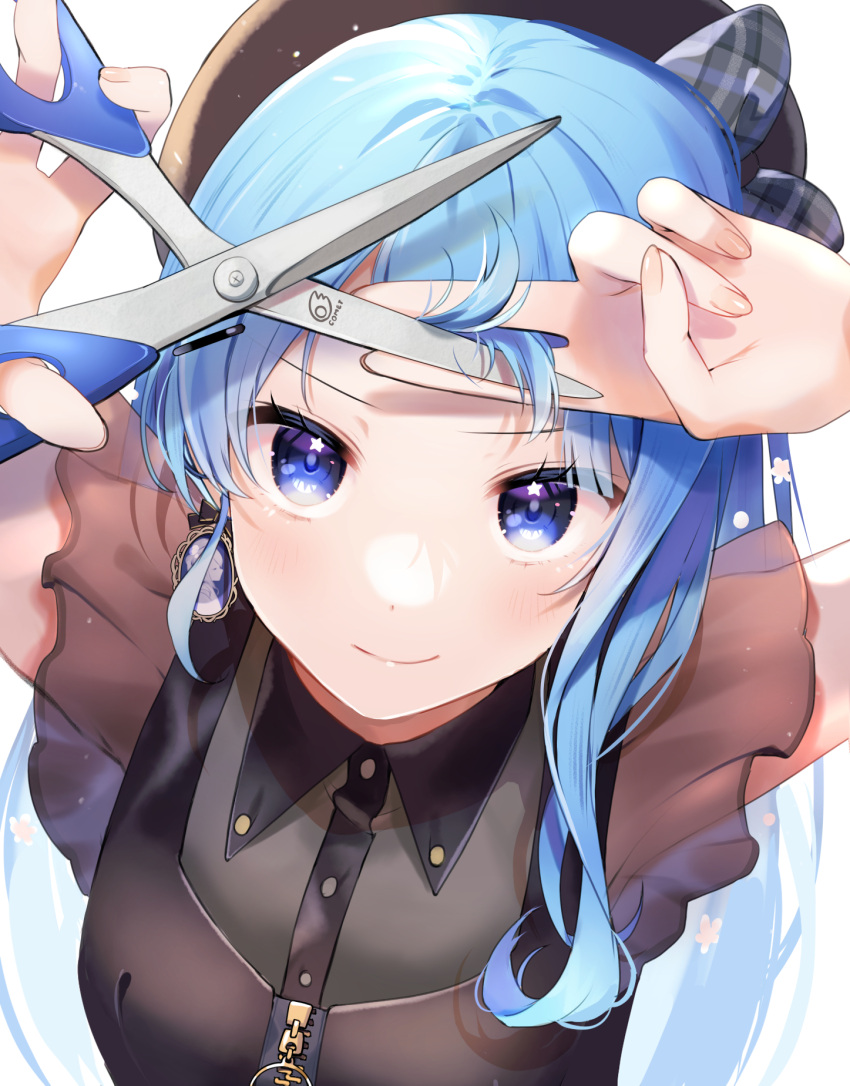 1girl arms_up asymmetrical_hair beret between_fingers black_shirt blue_eyes blue_hair bow closed_mouth commentary_request cutting_hair cutting_own_hair earrings frills hat hat_bow highres holding holding_hair holding_scissors hololive hoshimachi_suisei jewelry long_hair looking_at_viewer plaid plaid_bow scissors shinomiya_shino_(sinosino141) shirt short_sleeves simple_background smile solo star_(symbol) star_in_eye symbol_in_eye upper_body white_background