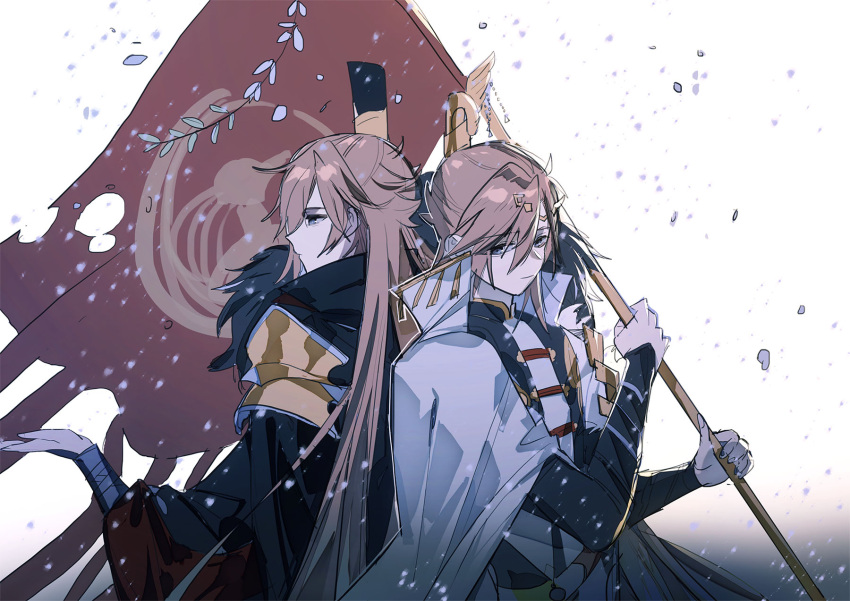 2boys arm_guards armor back-to-back black_cape black_coat blue_eyes cape chinese_clothes circlet closed_mouth coat dr.k dual_persona expressionless flag fur-trimmed_cape fur_trim gold_trim hair_between_eyes highres holding holding_flag long_hair long_sleeves looking_at_viewer male_focus multiple_boys muted_color orange_hair peking_duck_(the_tale_of_food) profile puffy_long_sleeves puffy_sleeves red_sleeves shirt shoulder_armor snowing tassel the_tale_of_food upper_body white_background white_cape white_shirt willow xiao_guan_(headdress)