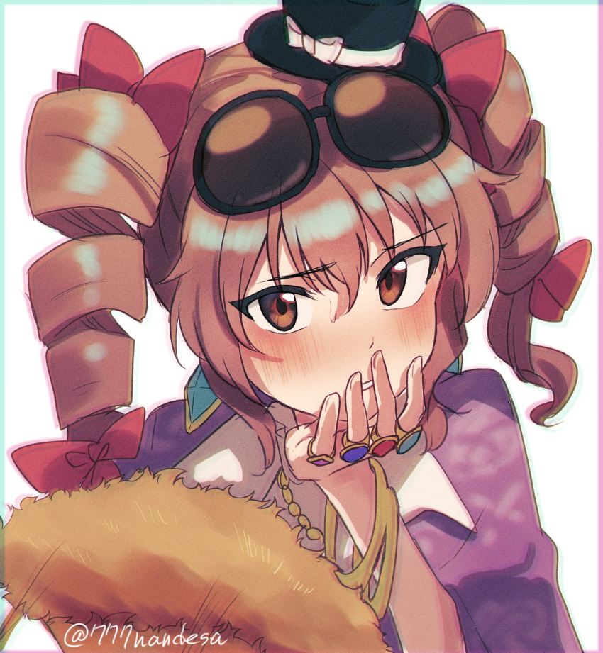 1girl black_headwear blush bow bracelet brown_eyes brown_hair commentary_request drill_hair earrings eyewear_on_head fur_trim hand_fan hat hat_bow highres holding holding_fan jewelry kosaka_sakasa looking_at_viewer mini_hat mini_top_hat necklace one-hour_drawing_challenge ring round_eyewear simple_background solo sunglasses top_hat touhou twin_drills twitter_username upper_body white_background white_bow yorigami_jo'on