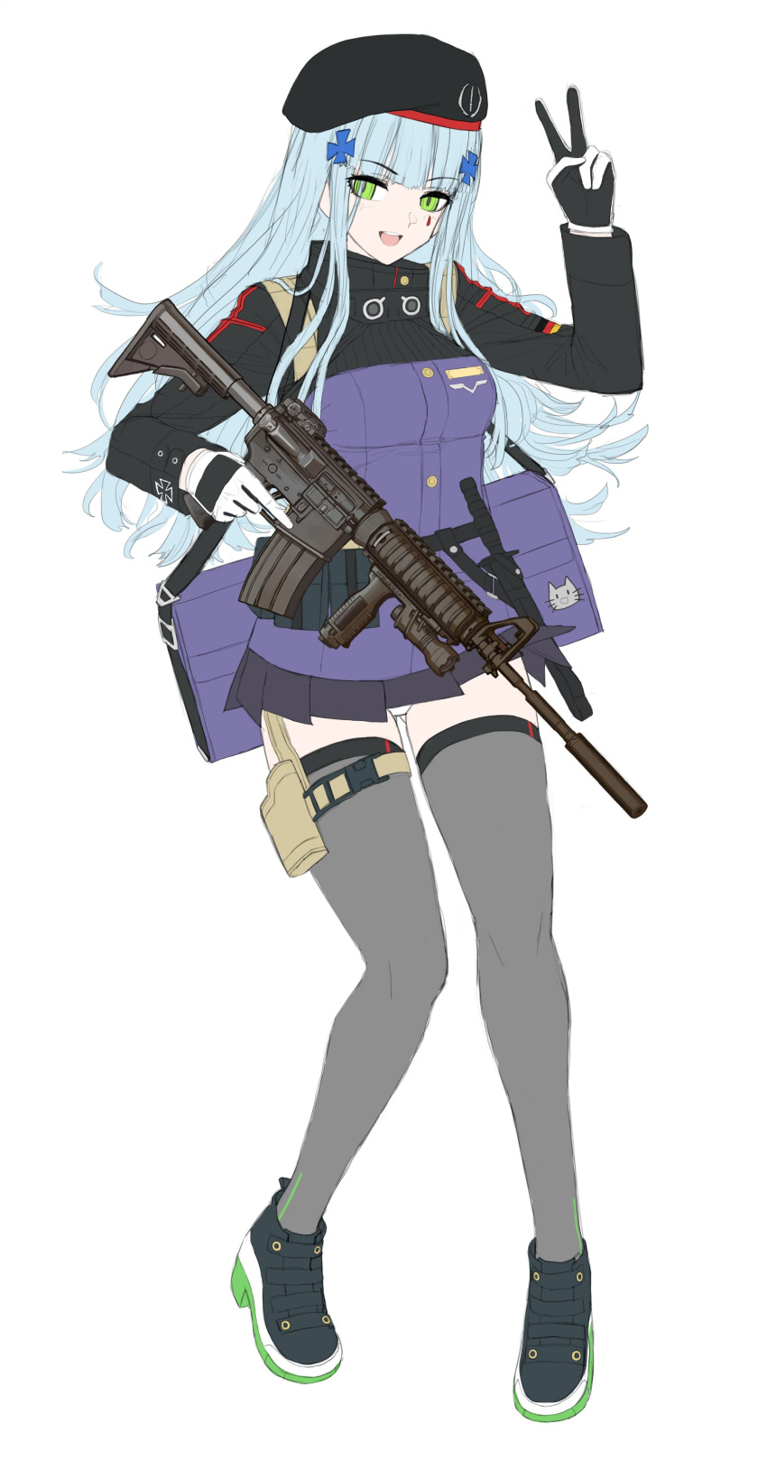 1girl :d absurdres arm_up assault_rifle beret black_footwear black_gloves black_headwear black_skirt blue_hair breasts cheogtanbyeong commentary_request facial_mark full_body girls_frontline gloves green_eyes grey_thighhighs gun h&amp;k_hk416 hair_ornament hat highres hk416_(girls'_frontline) holding holding_gun holding_weapon jacket korean_commentary long_hair long_sleeves looking_at_viewer medium_breasts name_connection object_namesake pleated_skirt purple_jacket rifle shoes simple_background skirt smile solo thigh-highs v very_long_hair weapon white_background