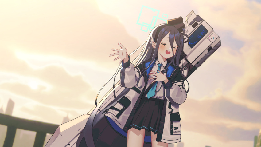 1girl absurdly_long_hair aris_(blue_archive) black_hair black_hairband black_jacket black_skirt blue_archive blue_jacket blue_necktie blurry blurry_background blush closed_eyes clouds cloudy_sky collared_shirt commentary_request dutch_angle energy_cannon facing_viewer hair_between_eyes hairband halo hand_on_own_chest hand_up highres jacket kkkk_(laa2973) korean_commentary long_bangs long_hair long_sleeves multicolored_clothes multicolored_jacket necktie one_side_up open_clothes open_jacket open_mouth outdoors pleated_skirt shirt shirt_tucked_in sidelighting skirt sky skyline smile solo standing sunlight twilight very_long_hair weapon weapon_on_back white_jacket white_shirt