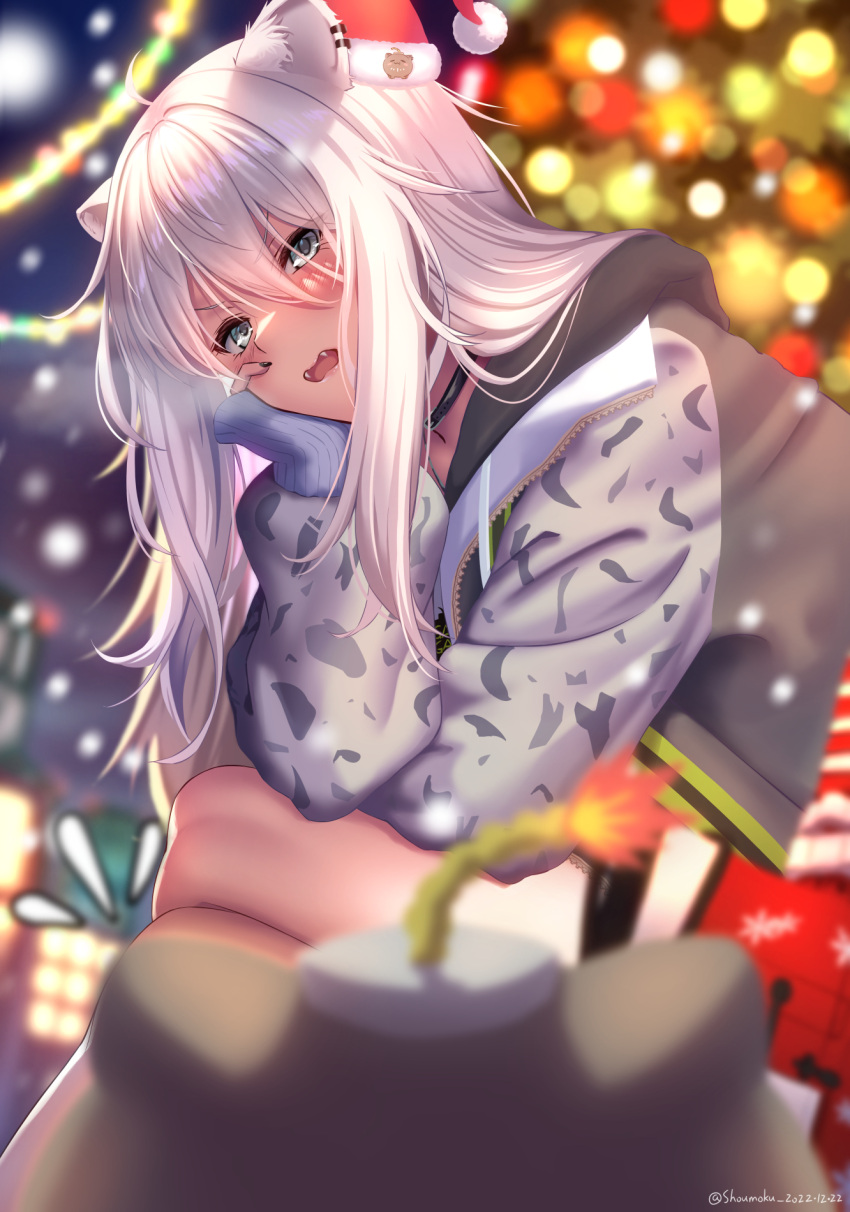1girl alternate_costume animal_ears black_choker black_nails blurry blurry_background blurry_foreground blush choker christmas christmas_tree city commentary ear_piercing fangs feet_out_of_frame from_side glaring grey_eyes grey_hair grey_hoodie hair_between_eyes hand_on_own_cheek hand_on_own_face hat highres hololive hood hood_down hoodie leaning_forward lion_ears lion_girl looking_at_viewer mini_hat nail_polish night open_mouth outdoors piercing pov raglan_sleeves santa_hat scowl shishiro_botan sitting sleeves_past_wrists snowing solo ssrb_(shishiro_botan) twitter_username v-shaped_eyebrows veterme virtual_youtuber