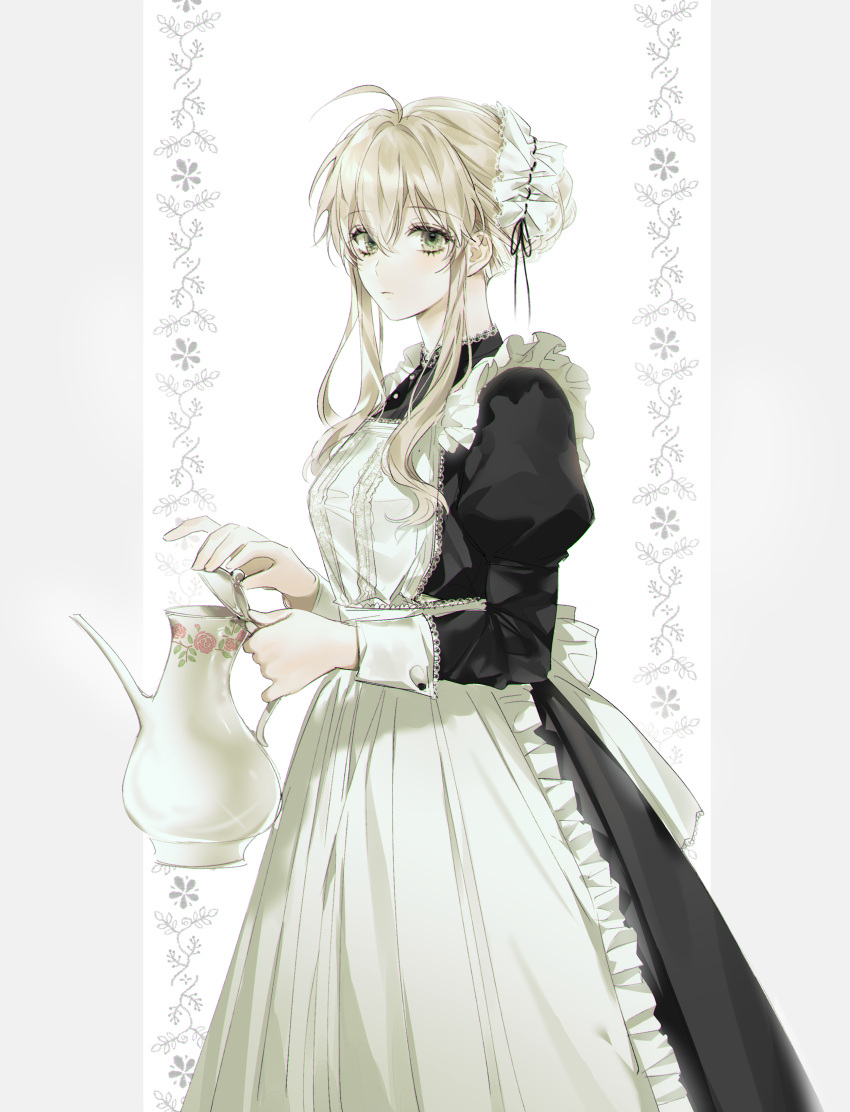 1girl absurdres ahoge apron black_shirt black_skirt blonde_hair blush closed_mouth collared_shirt cowboy_shot expressionless floral_background frilled_apron frills from_side green_eyes hair_between_eyes highres holding holding_teapot juliet_sleeves long_skirt long_sleeves looking_at_viewer ma_yoyo maid maid_headdress original pillarboxed puffy_sleeves shirt short_hair_with_long_locks sidelocks skirt sleeve_cuffs solo teapot victorian_maid white_apron white_background white_headwear