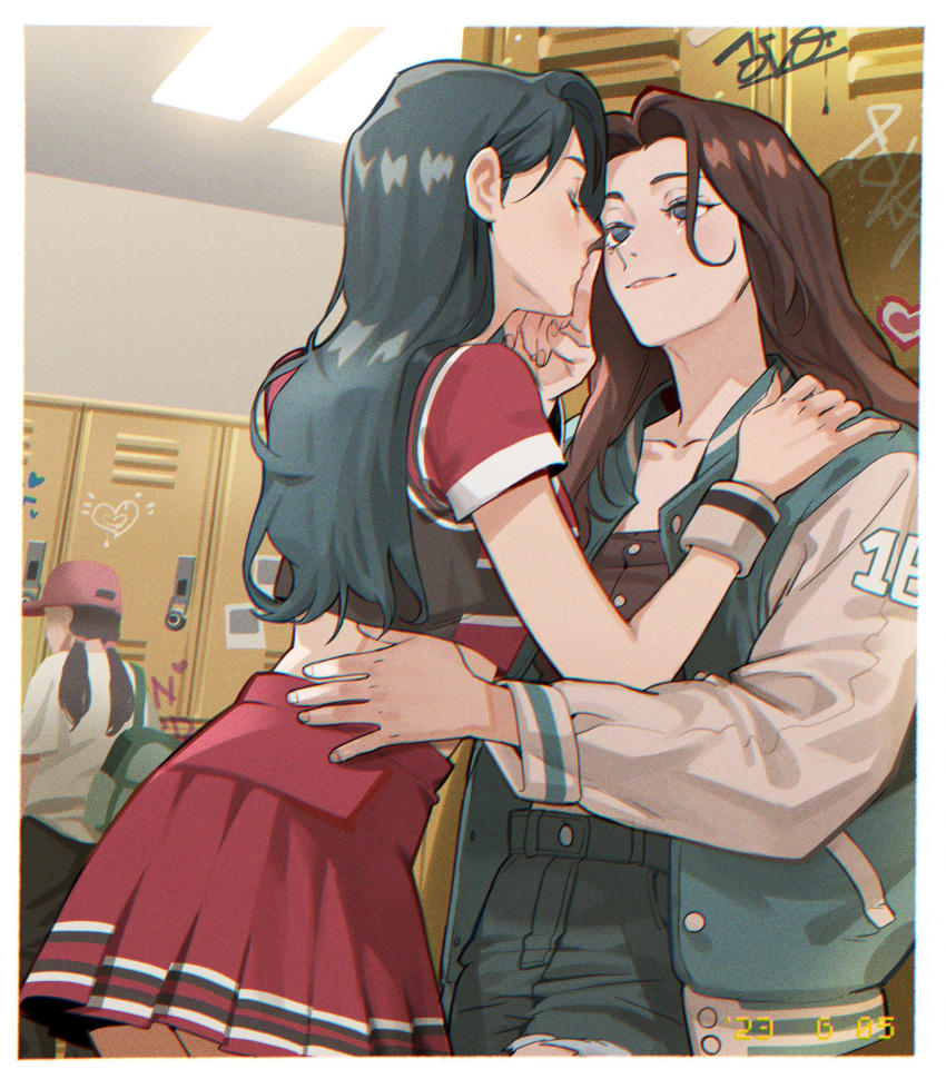 2girls brown_eyes cho_mi-yeon closed_eyes closed_mouth finger_to_another's_mouth g-i-dle gracepago0314 hand_on_another's_shoulder highres indoors k-pop locker long_hair multiple_girls real_life school segment_display yeh_shuhua yuri