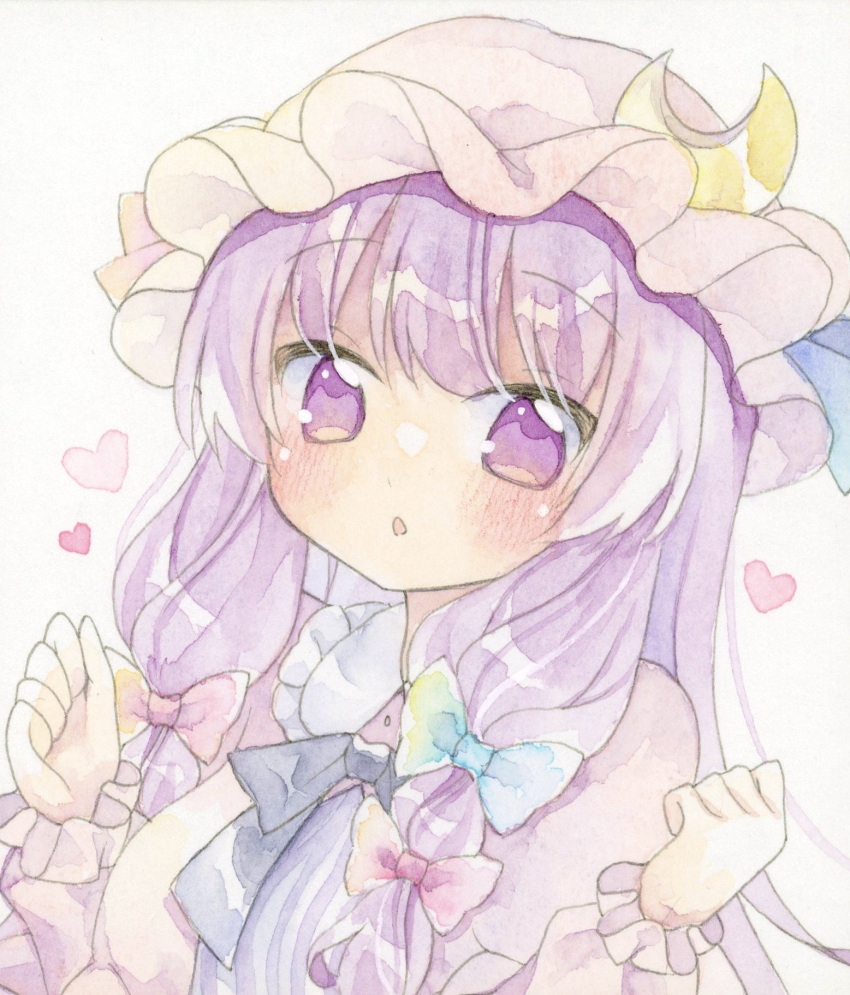 1girl :o arms_up blue_bow blue_ribbon blush bow bowtie commentary_request crescent crescent_hat_ornament hair_bow hat hat_ornament hat_ribbon heart highres kagome_f long_sleeves looking_at_viewer mob_cap open_mouth patchouli_day patchouli_knowledge purple_bow purple_bowtie purple_hair red_bow red_ribbon ribbon simple_background solo touhou upper_body violet_eyes white_background
