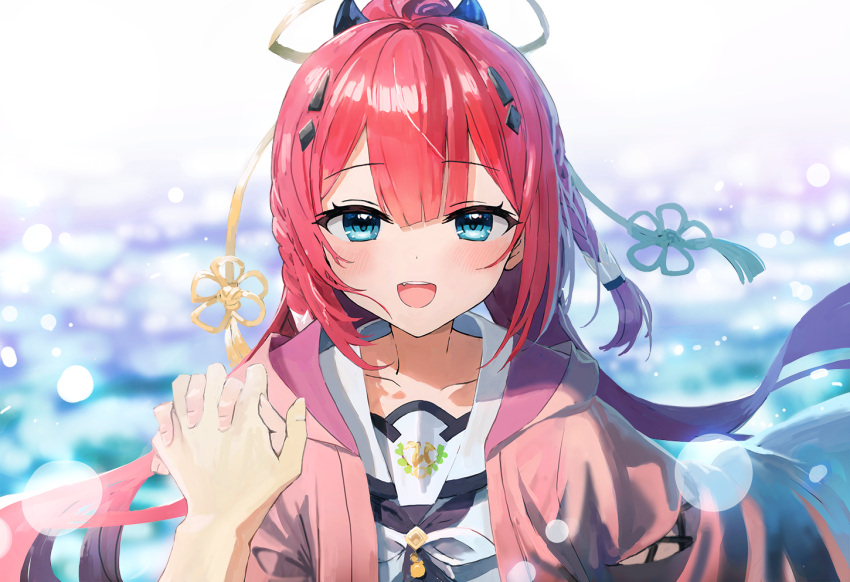 1girl :d black_bow black_neckerchief blue_eyes blurry blurry_background blush bokeh bow collarbone depth_of_field dot_nose fang hair_between_eyes hair_bow halo holding_hands hood hooded_jacket jacket kamiyama_shiki long_hair looking_at_viewer low-tied_long_hair neckerchief open_clothes open_jacket pink_jacket raised_eyebrows redhead sailor_collar school_uniform serafuku shirt sidelocks smile solo sonchi straight-on summer_pockets teeth upper_body upper_teeth_only white_sailor_collar white_shirt