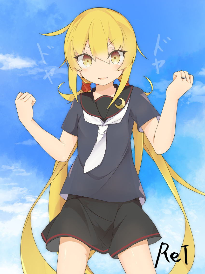 1girl absurdres adapted_costume artist_name black_sailor_collar black_serafuku black_shirt black_skirt blonde_hair blue_sky clouds commentary_request crescent crescent_pin etsuransha_no_rei highres kantai_collection looking_at_viewer low_twintails neckerchief sailor_collar satsuki_(kancolle) satsuki_kai_ni_(kancolle) school_uniform serafuku shirt short_sleeves skirt sky smile solo twintails w_arms white_neckerchief yellow_eyes