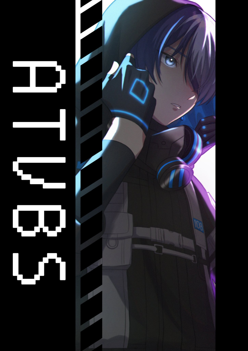 1boy aoyagi_touya blue_eyes blue_hair buckle close_game/offline_(project_sekai) commentary_request dark_blue_hair fingerless_gloves gloves hair_over_one_eye highres hood hood_up long_sleeves male_focus mask mask_removed multicolored_hair official_alternate_costume official_alternate_hairstyle project_sekai short_hair solo two-tone_hair yk62