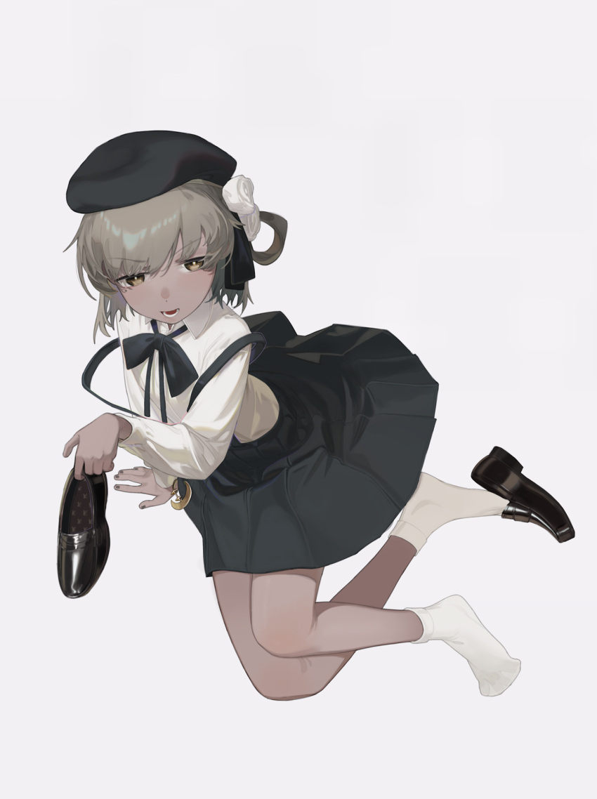 1girl arm_support beret black_bow black_bowtie black_headwear black_ribbon black_skirt bow bowtie bright_pupils brown_eyes brown_nails collared_shirt commentary dark-skinned_female dark_persona dark_skin eggplus flower from_above full_body glaring hair_flower hair_ornament hair_ribbon half-closed_eyes hat hatoba_tsugu highres holding holding_clothes holding_footwear loafers long_sleeves looking_at_viewer looking_up loose_bowtie mole mole_under_eye open_mouth pleated_skirt ribbon rose shirt shoes shoes_removed simple_background single_hair_ring sitting skirt socks solo suspender_skirt suspenders suspenders_slip tsugu_(vtuber) v-shaped_eyebrows virtual_youtuber white_background white_flower white_pupils white_rose white_shirt white_socks yokozuwari