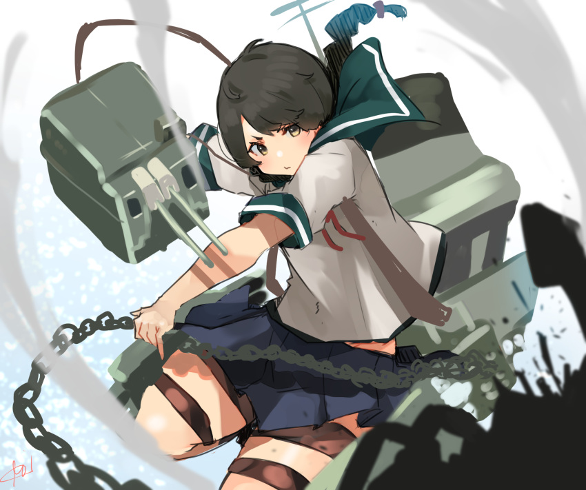 1girl adapted_turret anchor blue_sailor_collar blue_skirt braid brown_eyes brown_hair cannon chain highres kantai_collection long_hair machinery pleated_skirt sailor_collar school_uniform serafuku single_braid skirt solo sunday_aki turret uranami_(kancolle)